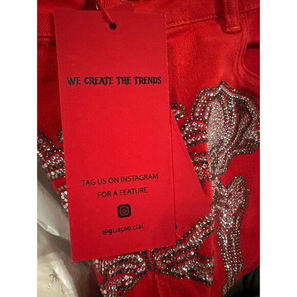 Guapi Skeleton Pants Mens 30 Red Crystal Rhinestone Limited Edition Buckle Zip - Picture 6 of 12